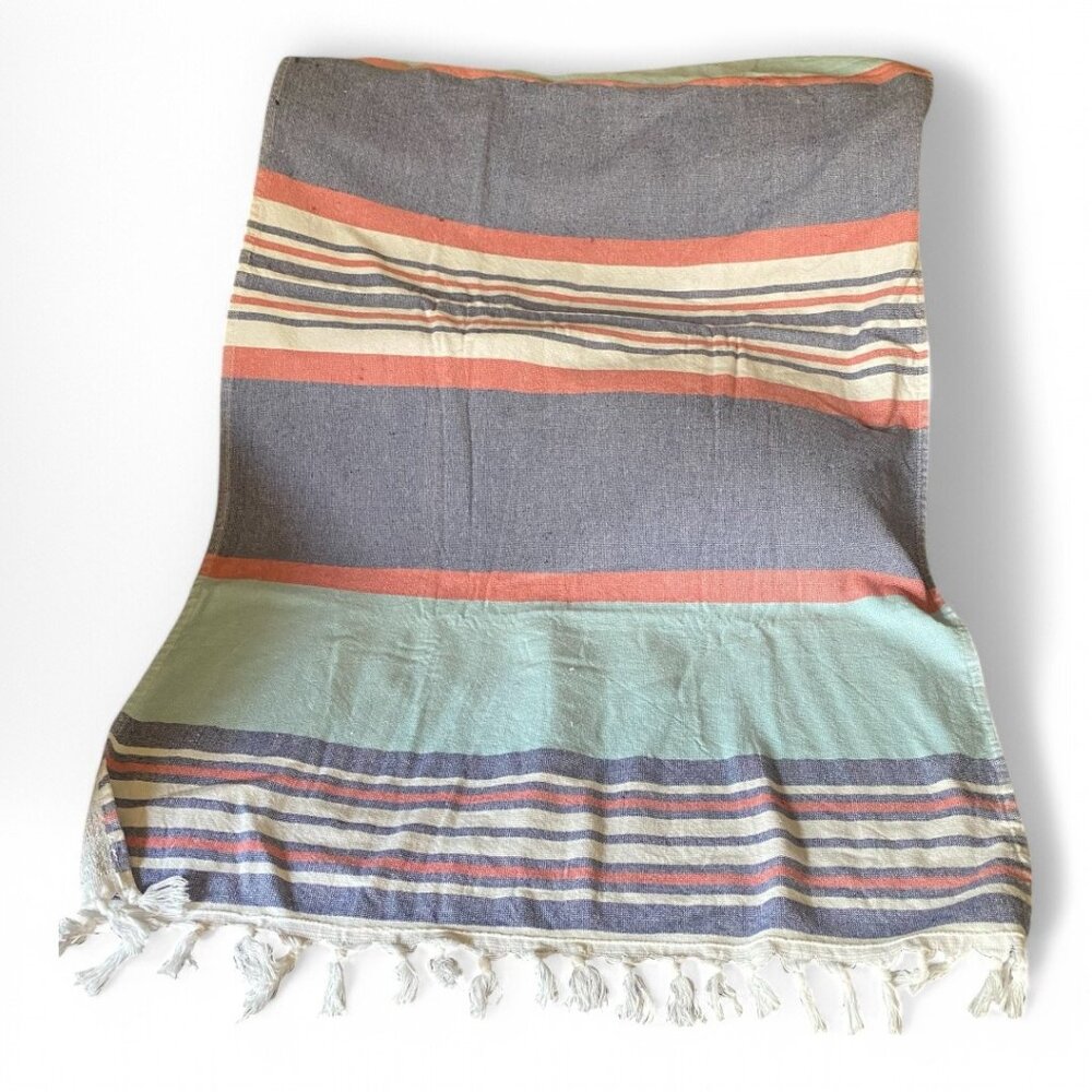 Preppy pastel striped white fringe 32x62" cotton blend beach towel